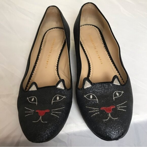 Charlotte Olympia Kitty Glitter Metallic Ballet Flats Cat Shoes Loafers Slides - Picture 1 of 15